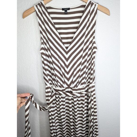 EUC Talbots Brown Cream Striped Sleeveless Dress Size XS Tie Waist Pockets Soft! - Picture 8 of 9